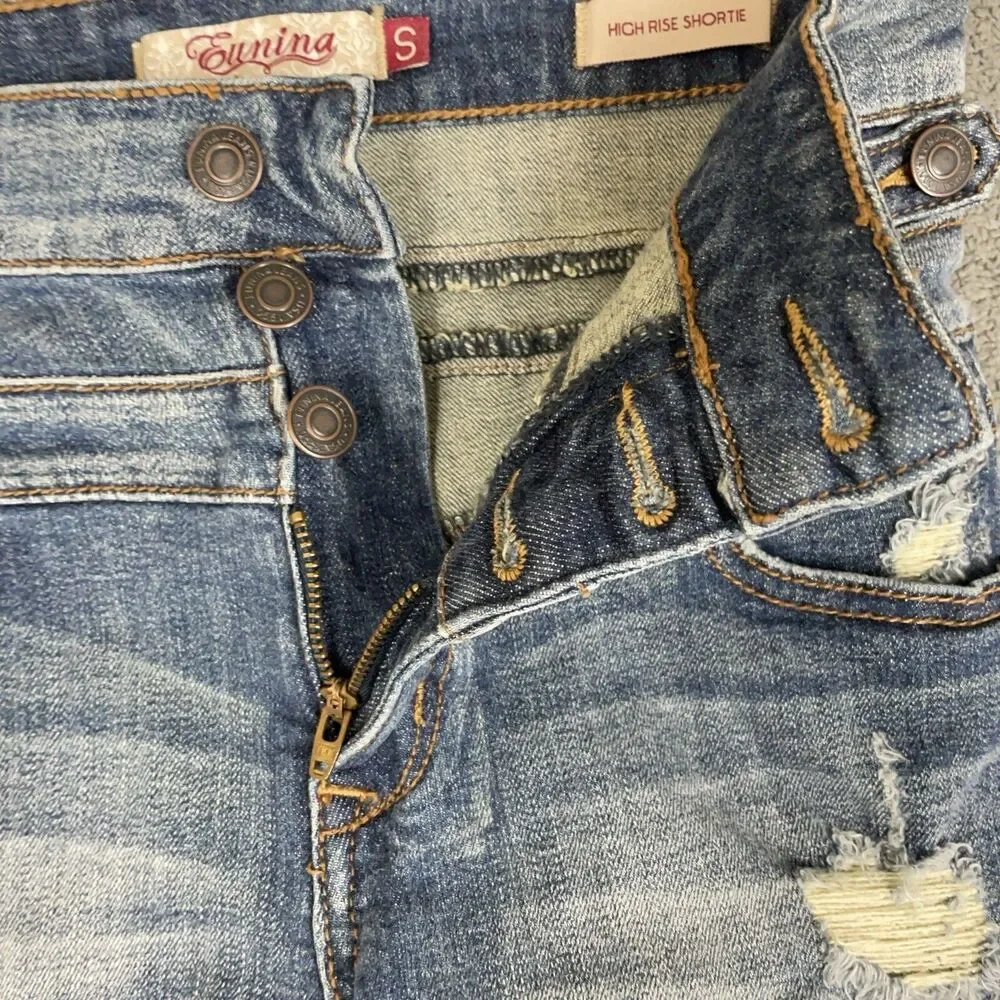 Eunina Denim Shorts Womens Size S High Rise Shortie Button Fly Distressed Cuffed